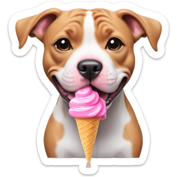 Smiling baby pink Staffordshire bull terrier eating bubblegum ice cream on a rainbow ball sticker
