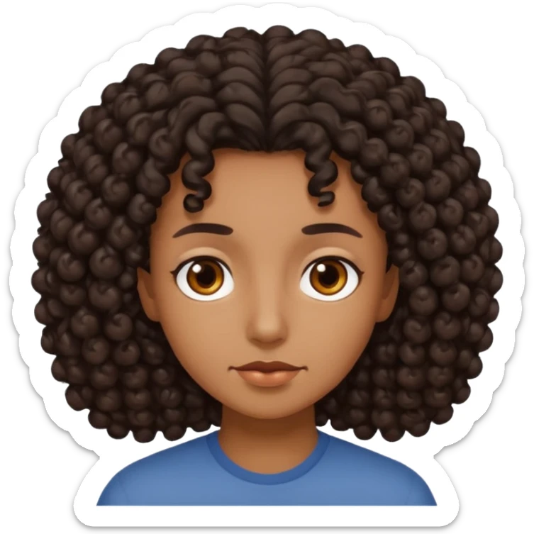 This is a cartoon-style avatar of a person with dark curly hair, brown skin, and a calm expression sticker