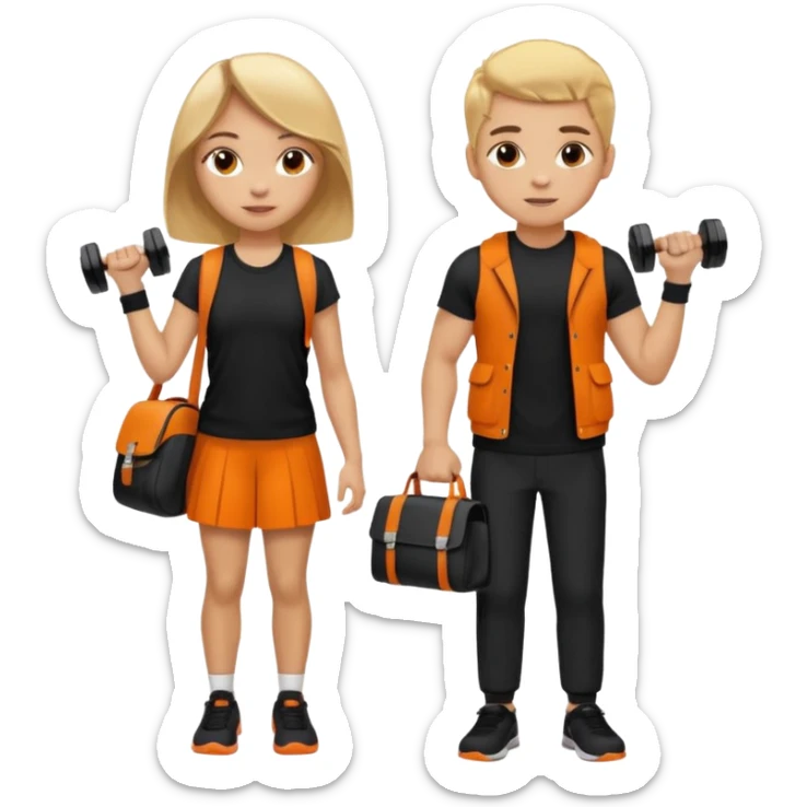 light skin students girl and boy with school bag full of books on hand and dumbell in other hand. Clothes are in black and orange colours. They are going to the gym. They have brown and blonde hair sticker