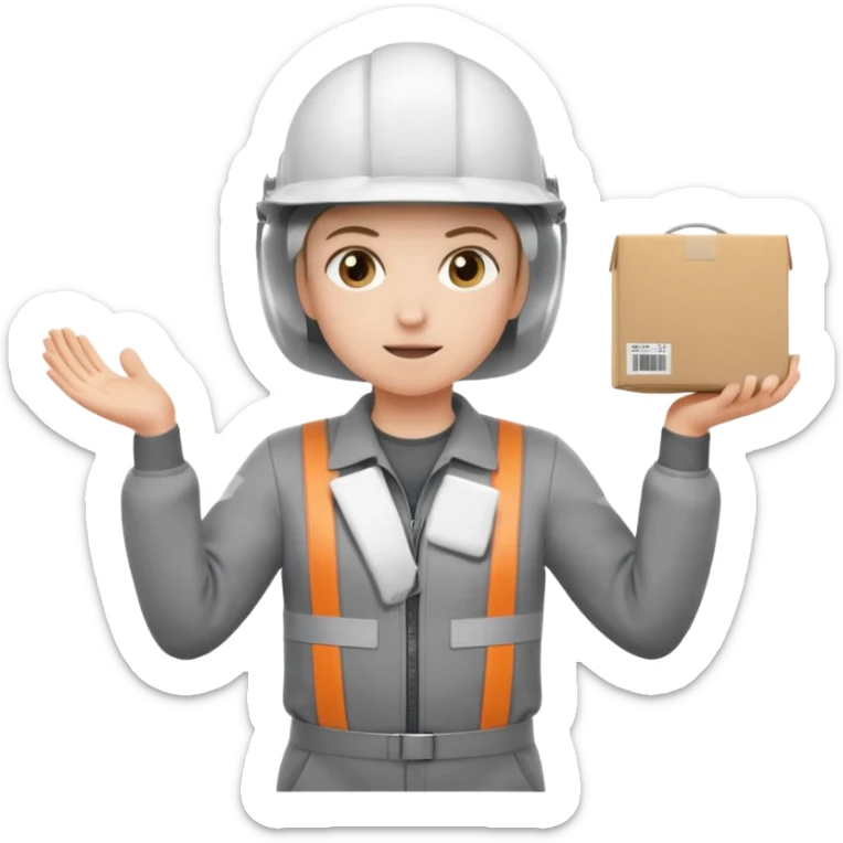 Tengo que dar una capacitacion de orgonomia, necesito un emoji de un operario con casco blanco y buzo gris de manga larga que levante una caja cerrada con las dos manos a la altura de los hombros y que tenga cara de esfuerzo fisico. Que no este saludando, las dos manos sosteniendo la caja sticker