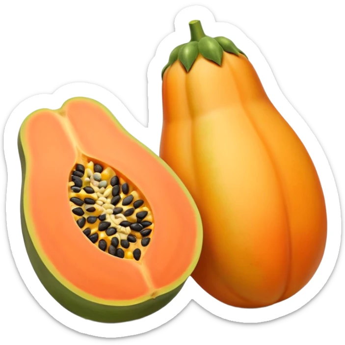 one whole papaya with smooth oval shape and green-yellow skin next to a halved papaya showing vibrant orange flesh and central cluster of small black seeds juicy glossy texture soft lighting subtle shadows emphasizing ripeness no leaf knife or extras transparent background emoji scale sticker