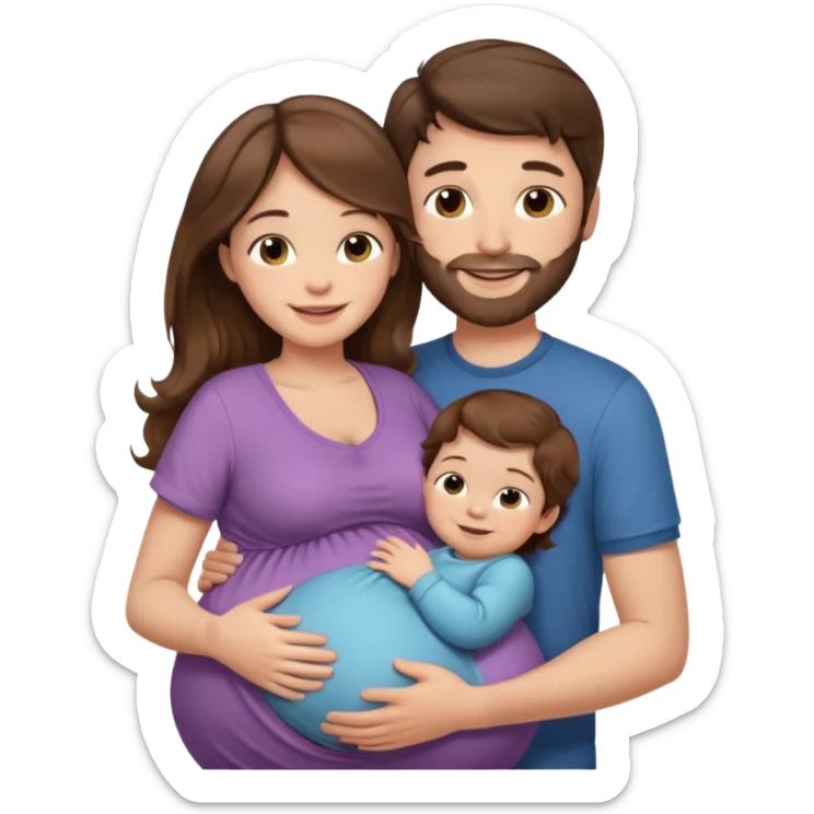 "Pregnant woman with long brown hair and fair skin holding a baby, and man with short brown hair and fair skin (without a mustache) hugging the pregnant woman, both smiling."
 sticker