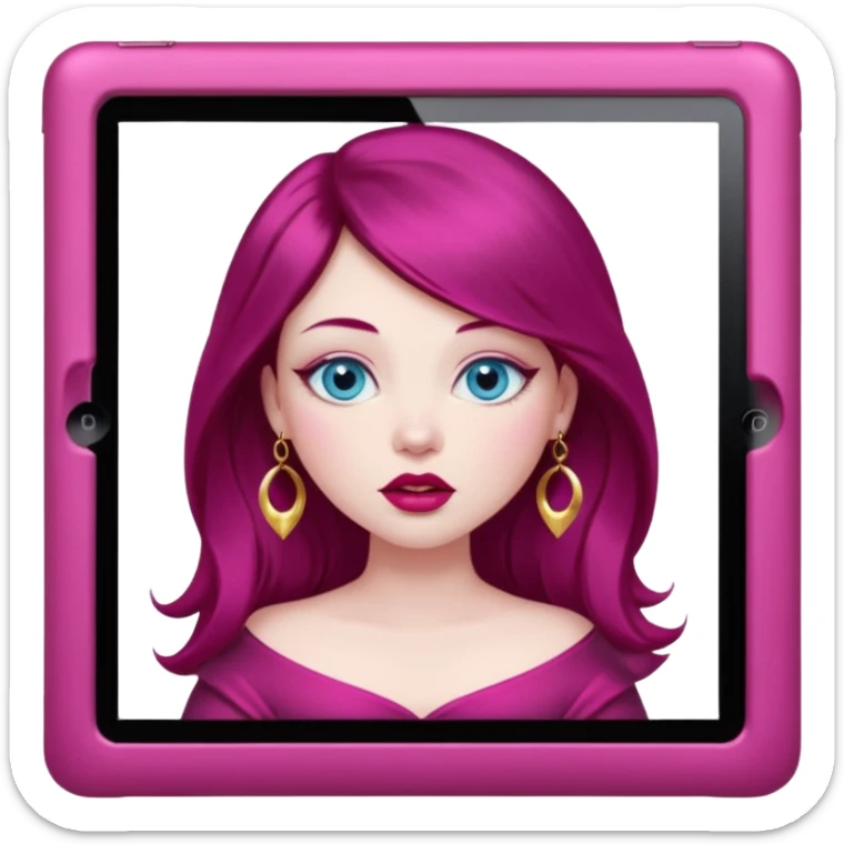 Realistic Beautiful pale skin baby blue sparkling eyes, plump red lips with gold lip ring, dark long burgundy hair, appears to be creating artwork on her fuchsia pink ipad sticker