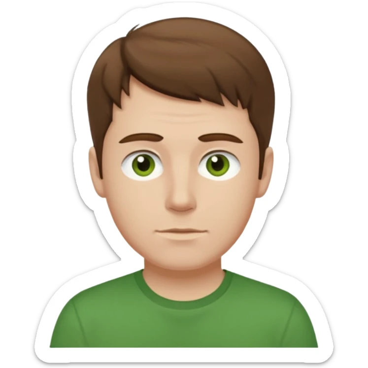 a self asured white male. brown hair. green t-shirt. blue background sticker