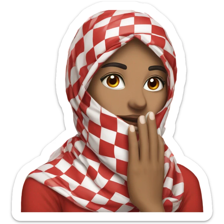 Woman wearing red and white checkered kuffiyeh hand covering mouth sticker