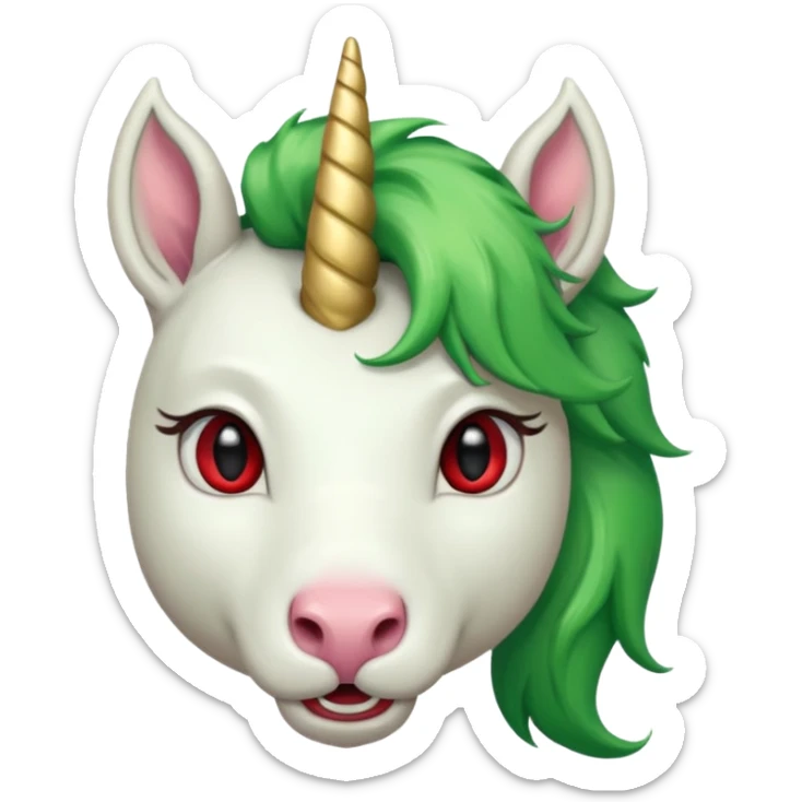 white furred unicorn with green hair and big red earrings looking into camera and big horn sticker