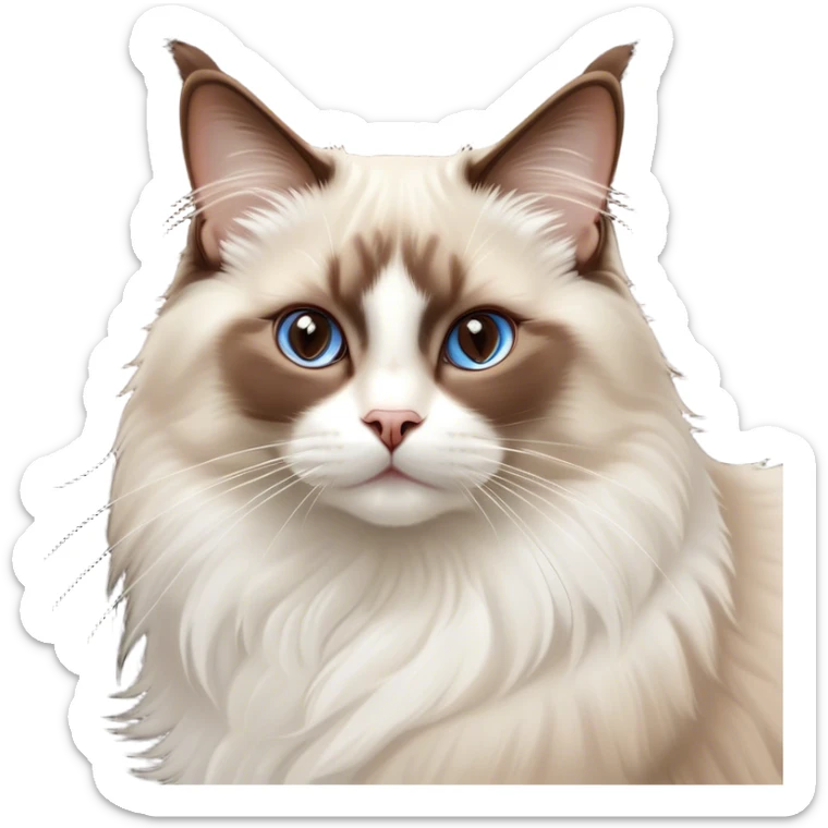 Cinematic Chocolate-Point Ragdoll Cat Portrait Emoji, Elegant and alert, sleek brown and white tones with a distinct white nose, Simplified yet sharp features, highly detailed, glowing with a warm, confident glow, high shine, intelligent and poised, stylized with an air of grace, focused and attentive, soft glowing outline, capturing the essence of calmness and elegance, so lifelike it feels as though it could spring into motion with a gentle, poised presence at any moment! sticker
