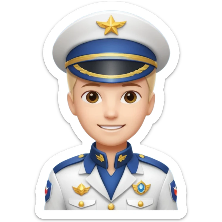 cute spaceship captain portrait, head and shoulders only, futuristic captain uniform collar, captain badge, confident smile, 3D cartoon, mobile game icon style, clean background, no text, no watermark
 sticker