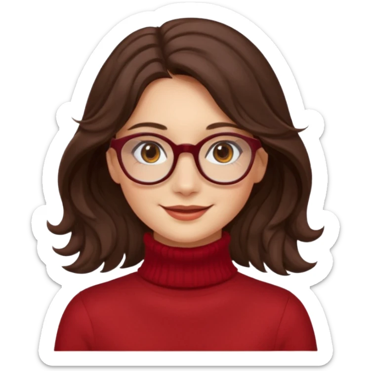 A girl has fair skin wavy dark brown hair, has glasses and almond brown eyes wears red turtle neck has long hair and so pretty sticker
