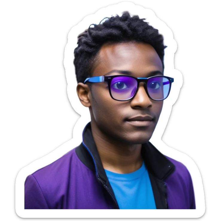 Développeur homme noir, dans un espace de coworking moderne, lumière néon bleue et violette, reflet sur son visage concentré, code affiché sur plusieurs écrans, légère profondeur de champ, ambiance professionnelle, style cinématique 4K, détails précis, peau naturelle, contraste fort. sticker