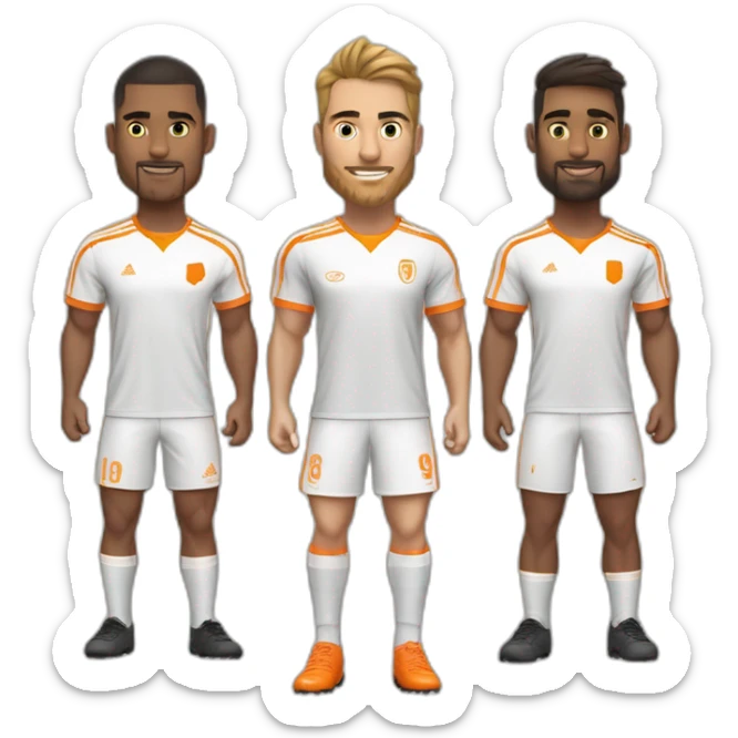 Equipo de fútbol de 11 jugadores y un entrenador, con camisetas naranjas, pantalones cortos blancos y medias blancas sticker