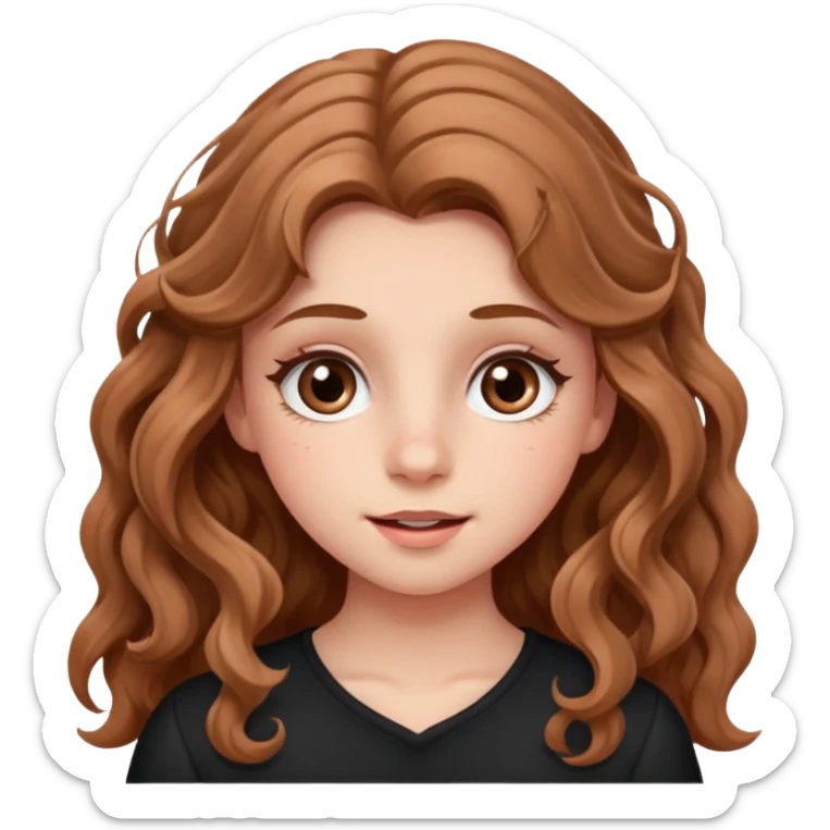 teenage girl with wavy long hazelnut hair, wearing blush and mascara, with a playful expression sticker
