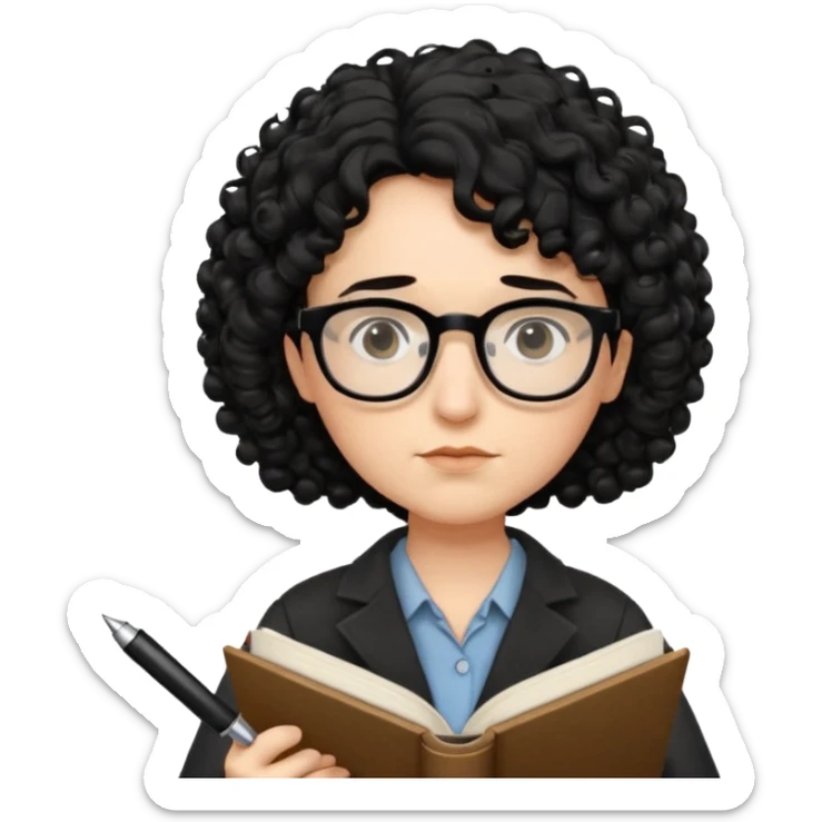 writer holding pen in hand and closed book in other hand, with black curly hair and wearing glasses sticker