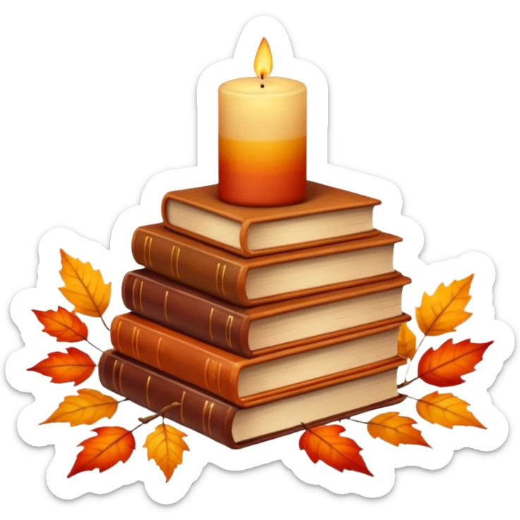 Red-orange-yellow-brown-gradients autumn aesthetic, stack of books, candle, leaves sticker