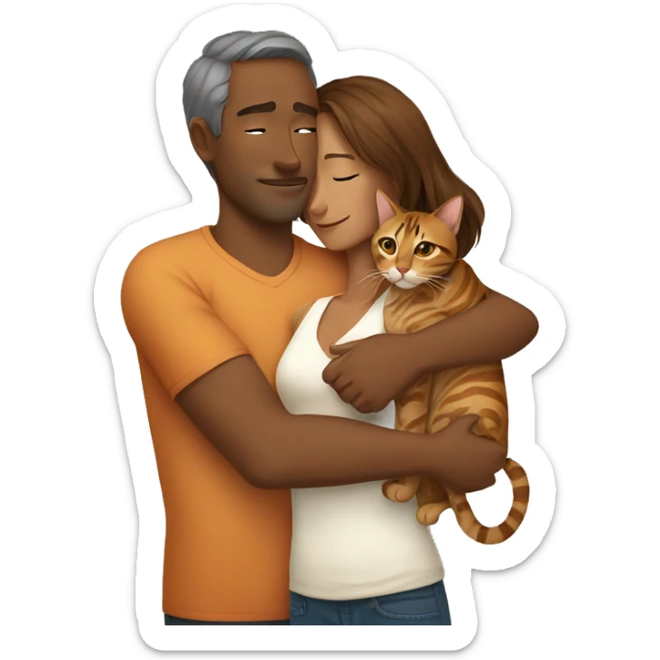 A man hugs a long brown-haired skinny hot woman and a bengal cat sticker