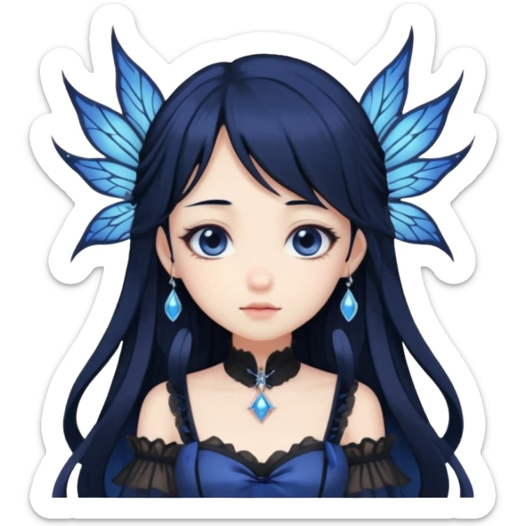 Gothic anime fairy with long beautiful black hair and dark blue dress, pastelcore, sticker
