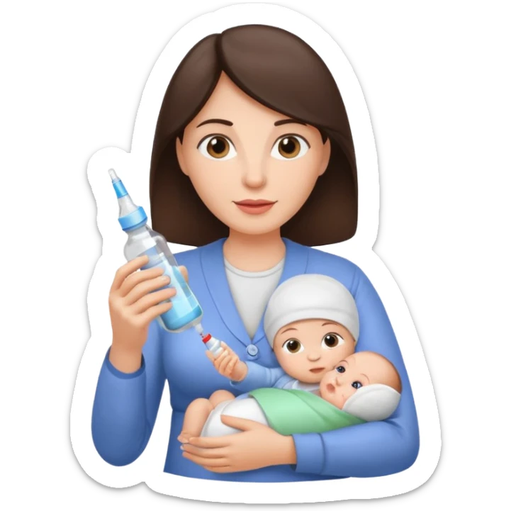 Brunette Mother holding a baby bottle with milk and a vaccine syringe sticker