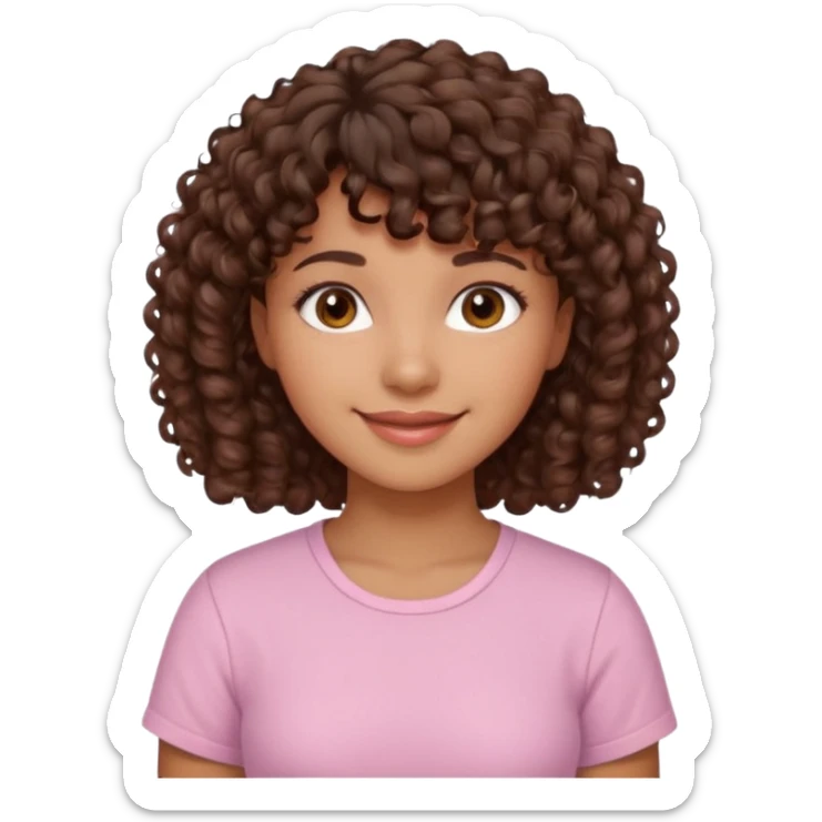 A Latina girl with brown eyes and short curly hair with curly bangs with a light pink shirt sticker