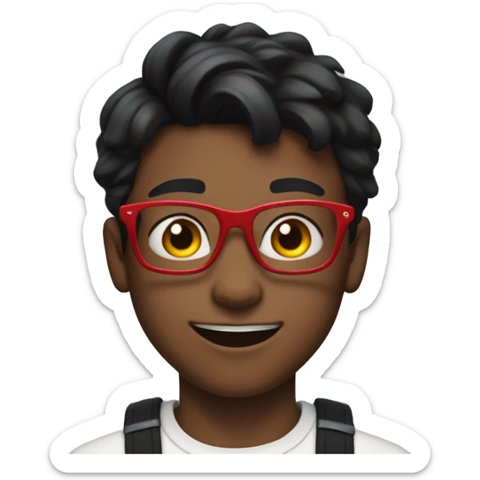 male, 12 year old, red glasses, red braces, short black hair, flexing sticker