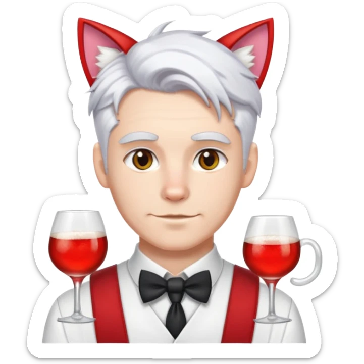 a white man in a bartender's uniform with white hair, the ends of his hair in red and white cat ears sticker