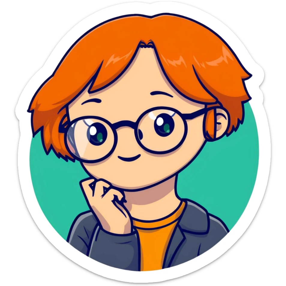 orange-haired shy nerd girl with round glasses and green eyes sticker