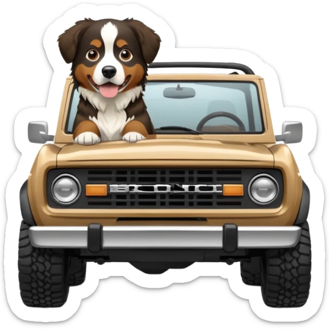 Sand colored ford bronco with no roof and Bernese mountain dog in the back sticker