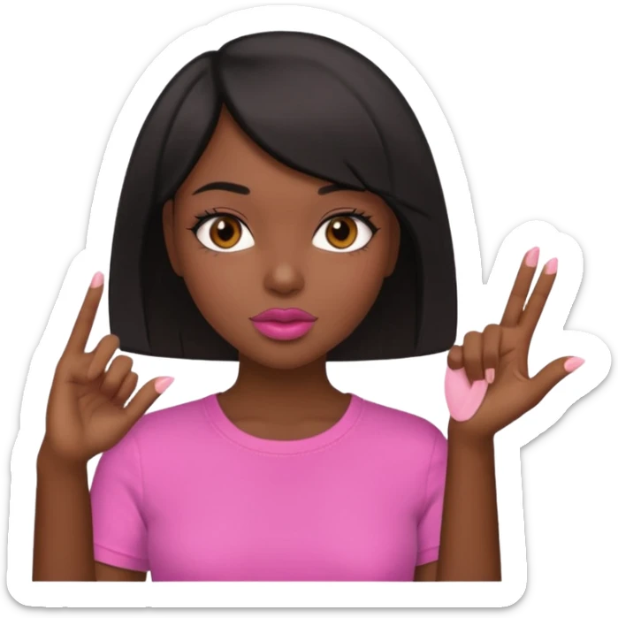 Dark skin girl asking for money with hand out make her more fabulous but still a clean look with a black bob and pink shirt  brown eye  with the kiss lips  sticker