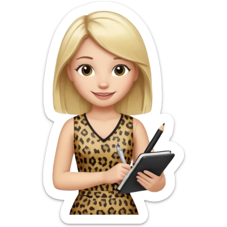 Blond hair girl with a leopard print dress and black leggings smiling holding a note book and a pen sticker
