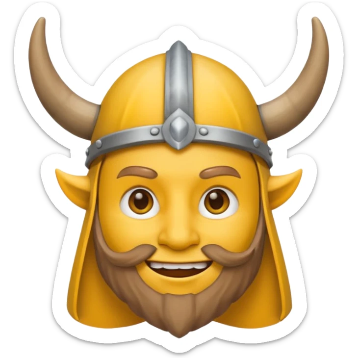 Viking emoji in Messenger style, yellow face, simple eyes, smiling, horned helmet sticker