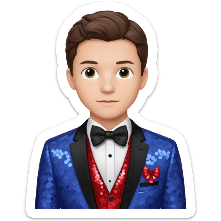Tom Holland with brown hair, red shirt, periwinkle sequin suit jacket with bow tie sticker
