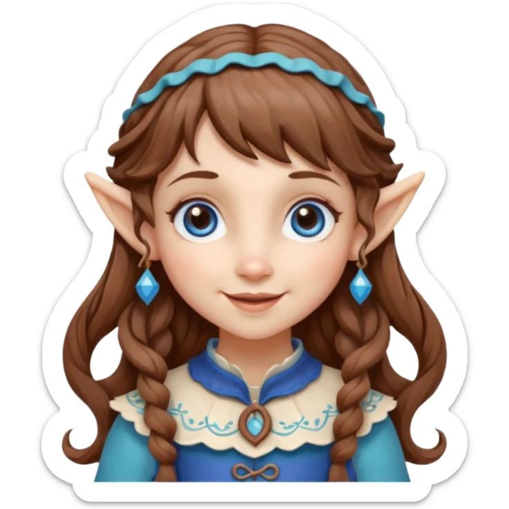 Kind happy whimsical quirky Girl toymaker, wood carving elf. Woodland creator. Blue eyes. brown hair (just below chin length) wavy hair & bangs. Whimsical playful cute sticker