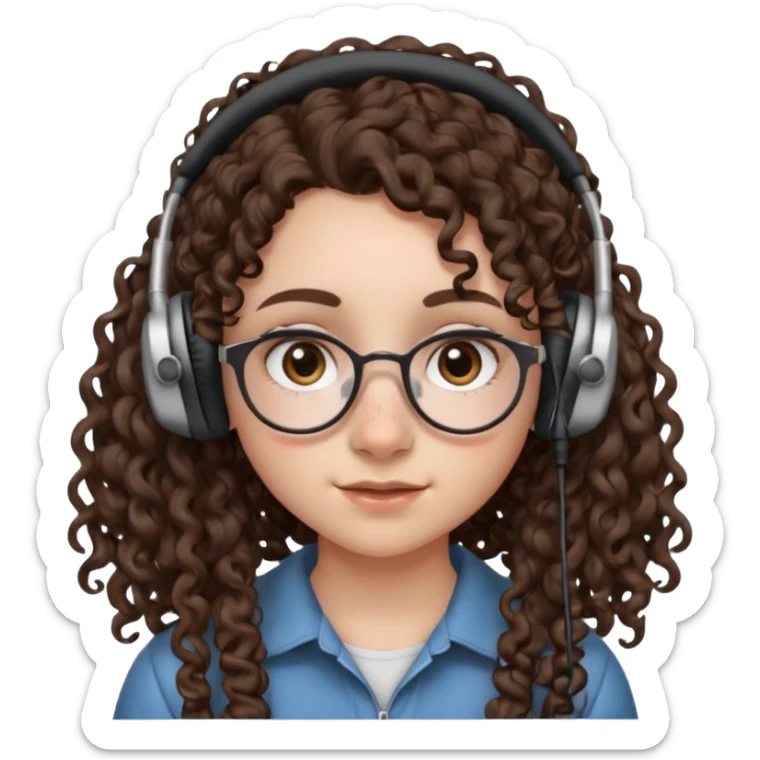 brunette kid with unique face features and very curly long hair kid girl neutral and very big nose and ears and dark eyes with freckles kind of nerd looking and headphone wearing no glassess just nose piercing very big one and evebrow piercing sticker