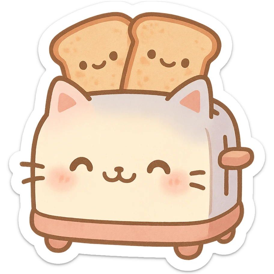 kawaii toaster cat, two toast slices popping out, smiling sweetly, soft pastel colors, full-body sticker
