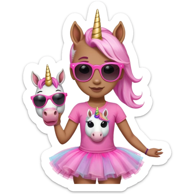 friendly anthropomorphised female unicorn with horse-like face, in tutu and pink t-shirt, wearing dark sunglasses, standard pose, close-crop head and shoulders sticker