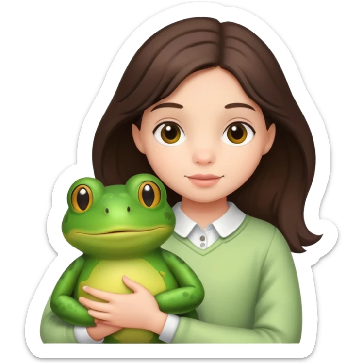 A cute little brunette girl holding her big frog stuffy  sticker