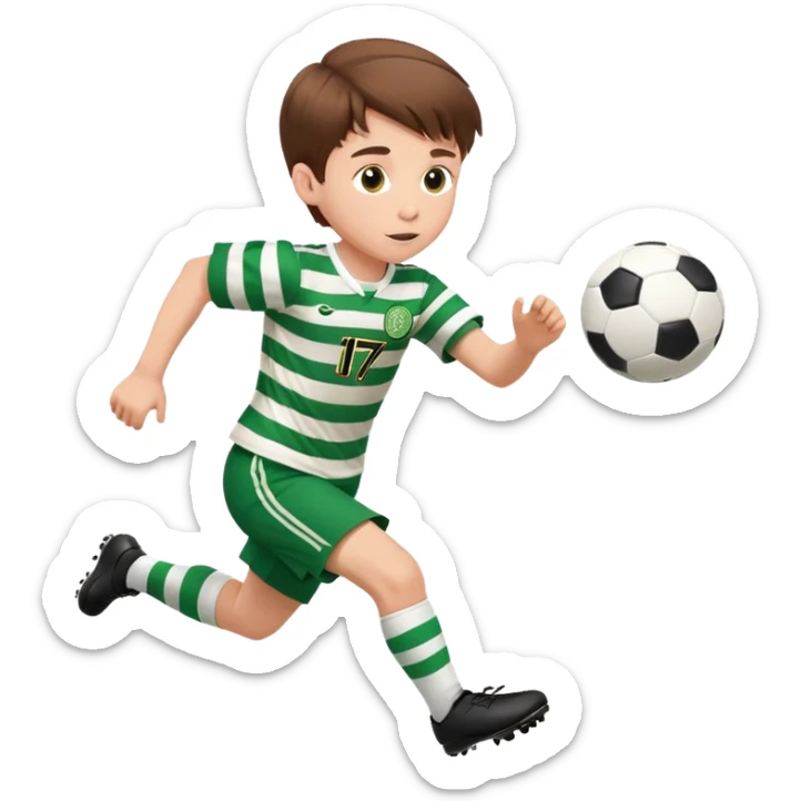 Celtic footballer jersey logo  6 years old brown hair white boy , stripes uniform , RUNNING  with soccer ball # 17 celtic football logo PUT ONLY ONE LOGO sticker