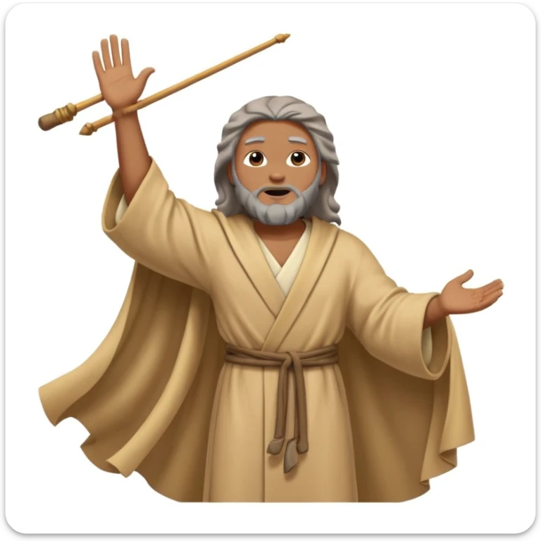 Moses with a long rod, arms raised, wind blowing his robe, rocky terrain, spiritual atmosphere, emoji style sticker