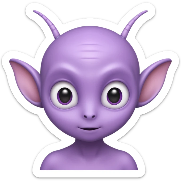 Portrait of a cute alien with round head, big shiny eyes, pastel purple skin, small antennae, friendly expression, cartoon style sticker