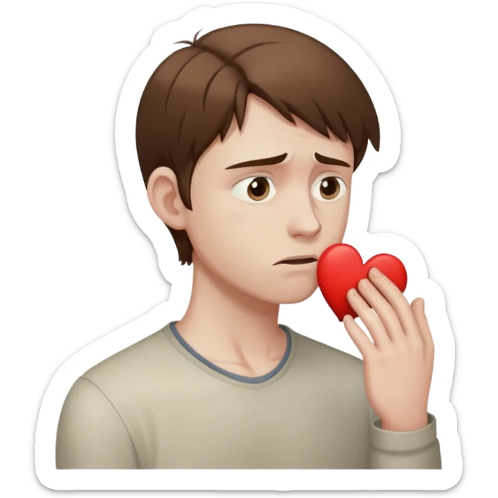 a man with brown hair staying in a
full height in profile with anxiety and begging face with a broken heart sticker