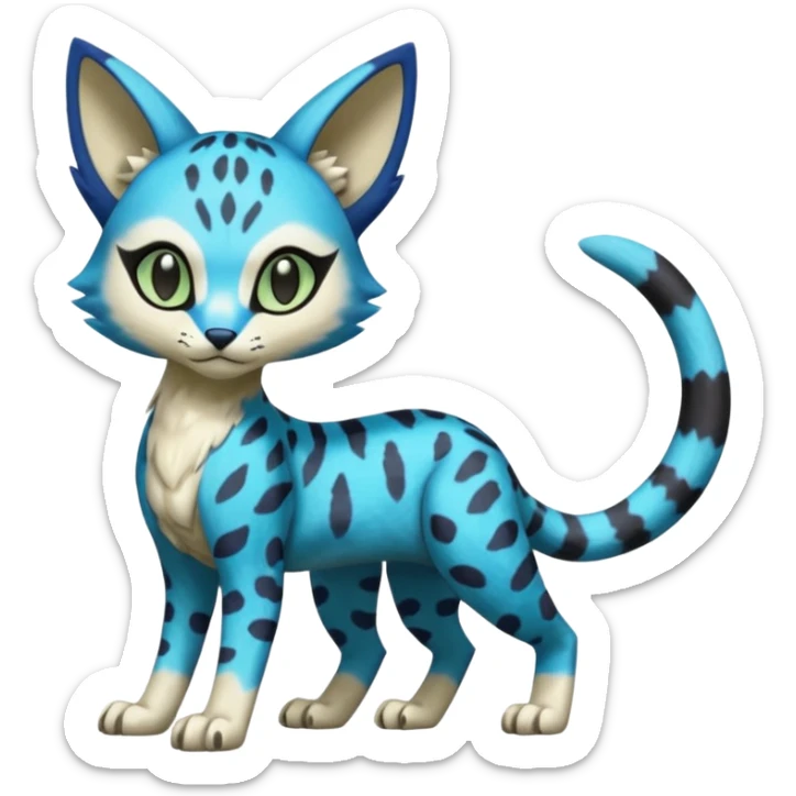 Colorful Meloetta-Sergal-Bastet-Genet-Pokémon-Digimon-Fakémon-fusion-hybrid-creature with Cyan stripes and blue leopard-spot-markings  sticker