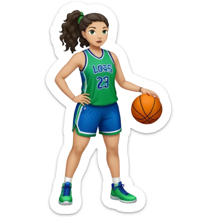 full body plus size light skin latino women basketball player with wavy dark hair in pony tail wide nose wearing blue green  uniform sticker