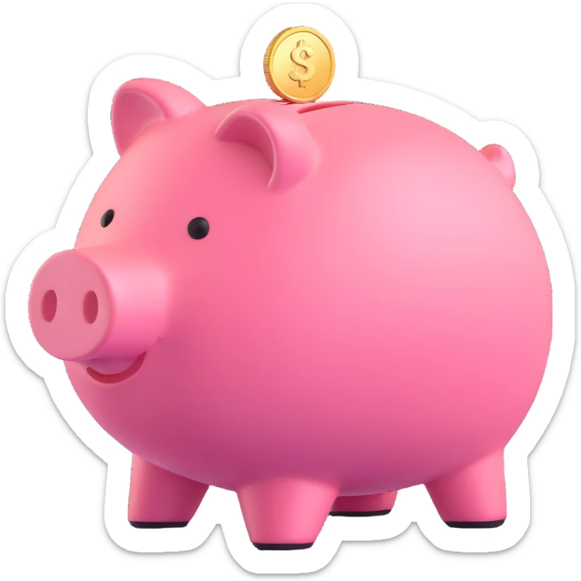 pink piggy bank with coin, 3d cartoon style, slightly shiny, side view, soft lighting sticker