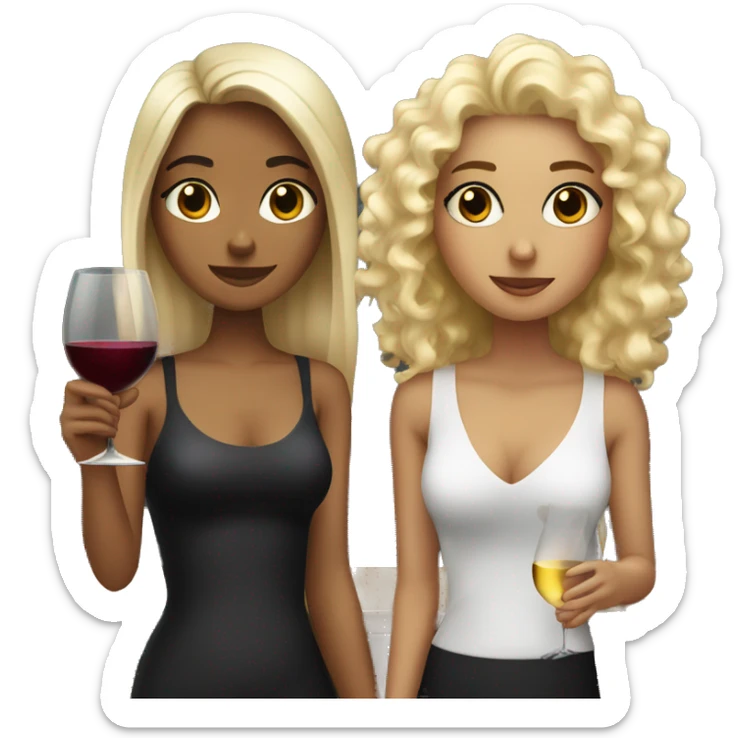 a girl with blonde curls and a girl with black straight hair both drinking wine sticker