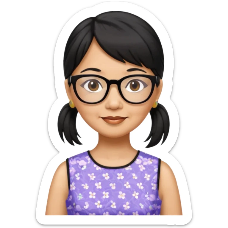 filipino woman black hair in one pony tail with straight bangs and big glasses, 60 yr old, nice dress

 sticker
