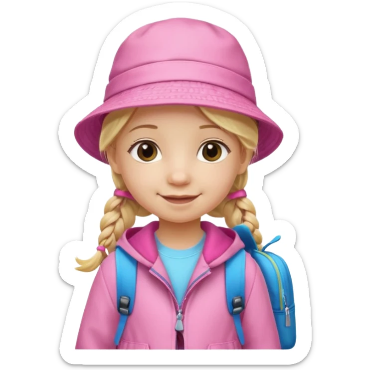 Little girl kid student, long braid blonde, wears pink bucket hat and jacket, backpack, happy sticker