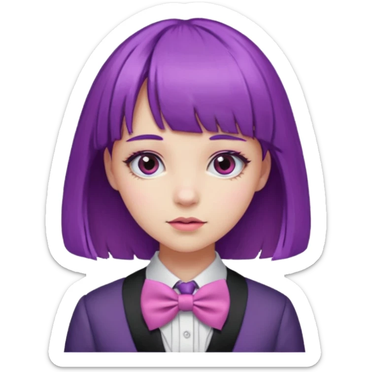 girl with bangs and purple hair and pink hairbow tie sticker