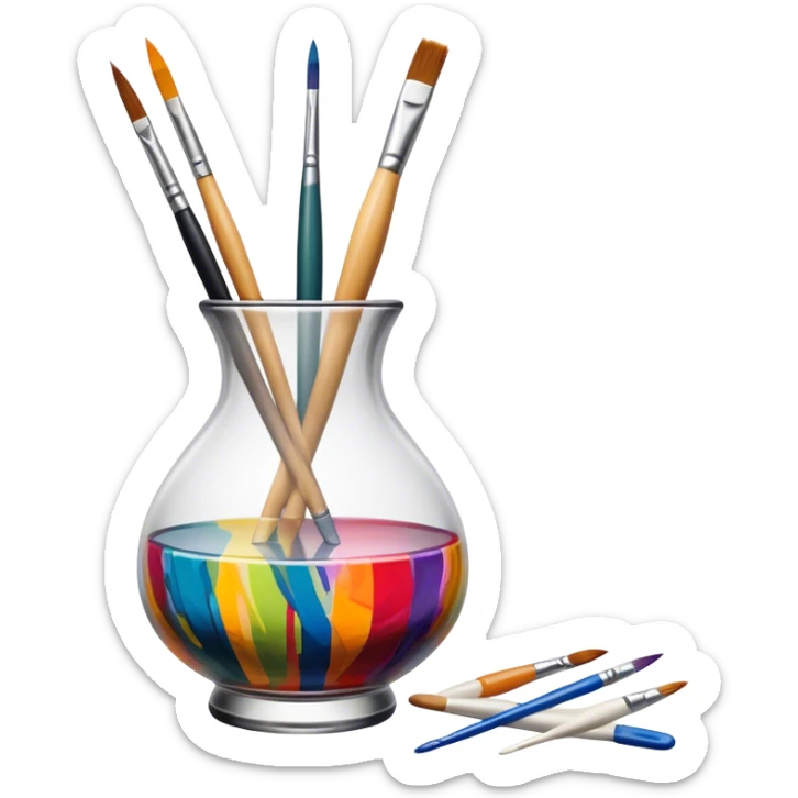 Glass painting icon, colorful brushstrokes on a glass vase, intricate painted patterns on the surface, visible fine paintbrush and palette beside it, no liquid inside the vase, minimalistic style, clean lines, transparent background. sticker