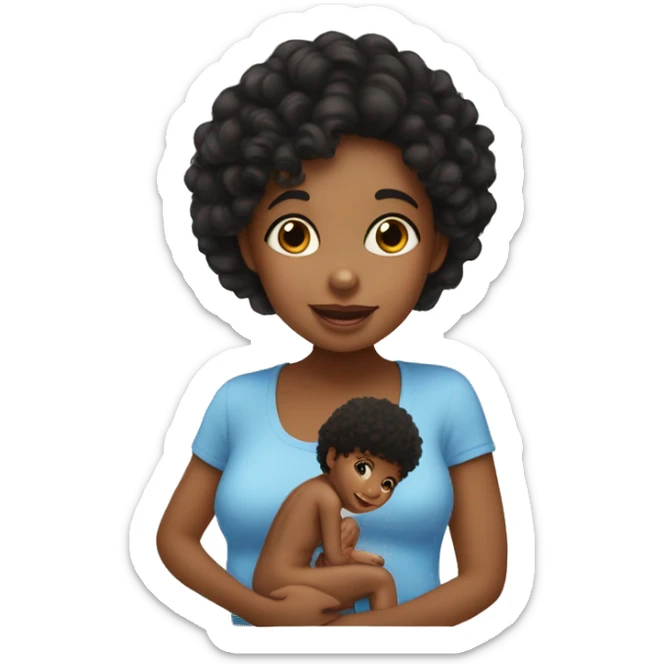 Make a toddler boy with tan skin and curly black hair kissing his mom who has aubirnt hair and blue eyes.  sticker