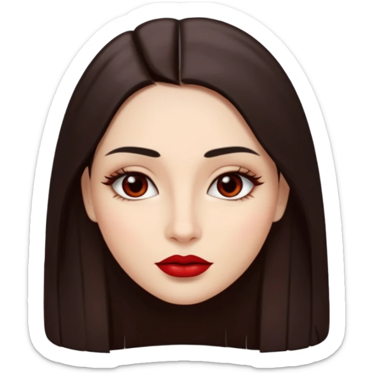 A woman emoji with fair skin, long straight dark brown hair parted in the middle, an oval-shaped face, arched dark eyebrows, almond-shaped brown eyes, a small nose, and full lips colored with deep red lipstick. sticker