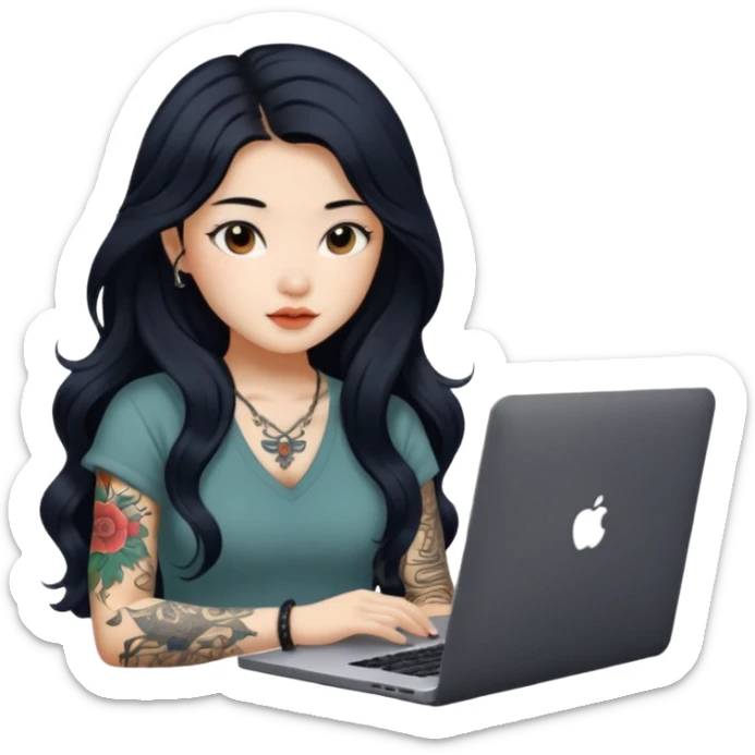 beautiful girl, with tattoos, with long black hair, wavy hair, chinese, with laptop sticker